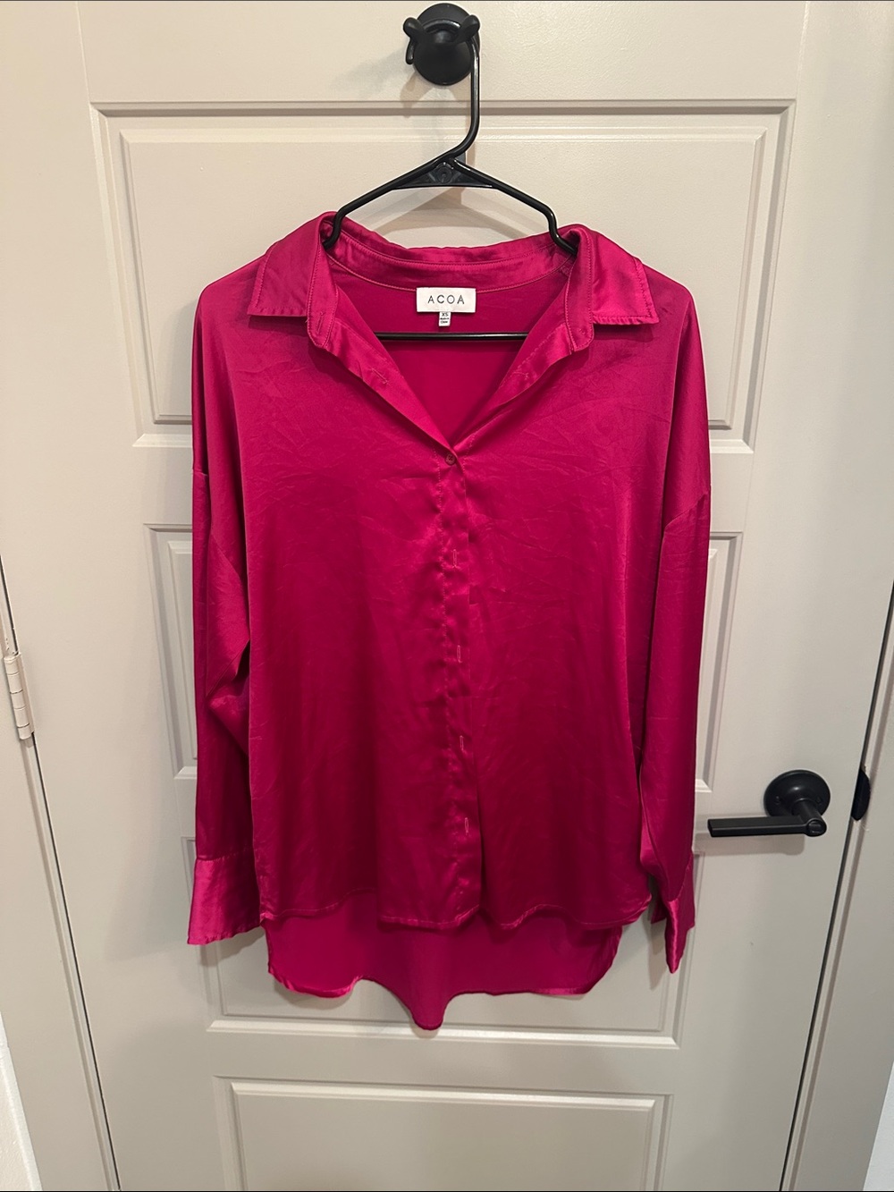 ACOA Women's Satin Button-Down Shirt in Fuchsia Pink